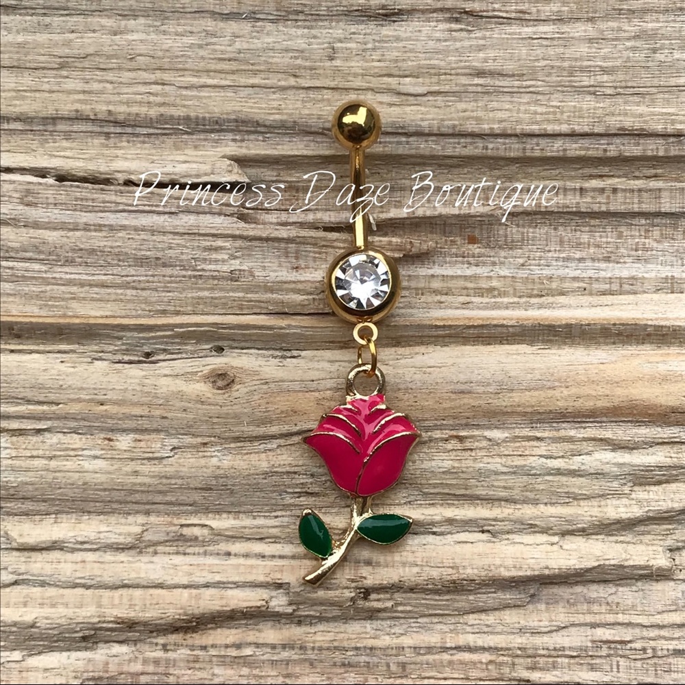 Gold Pink Rose Belly Button‎ Ring
